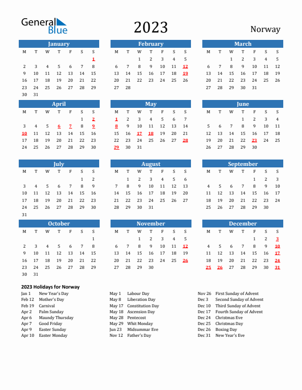 Norway 2023 Calendar with Holidays