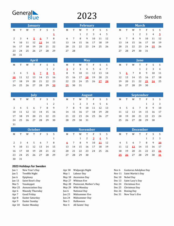 Sweden 2023 Calendar with Holidays