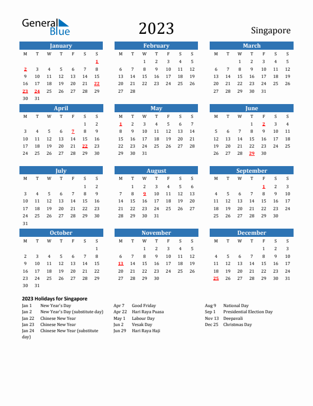 Singapore 2023 Calendar with Holidays