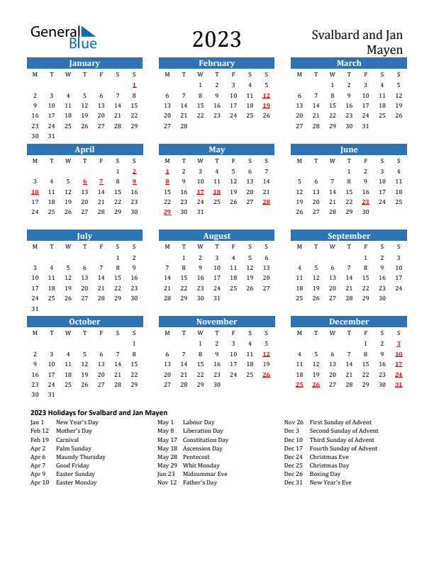 Svalbard and Jan Mayen 2023 Calendar with Holidays