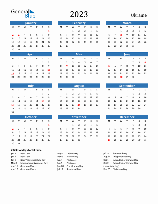 Ukraine 2023 Calendar with Holidays