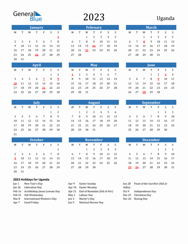 Uganda 2023 Calendar with Holidays