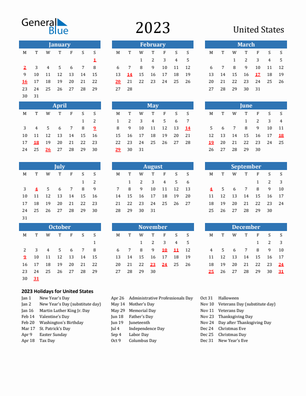 United States 2023 Calendar with Holidays