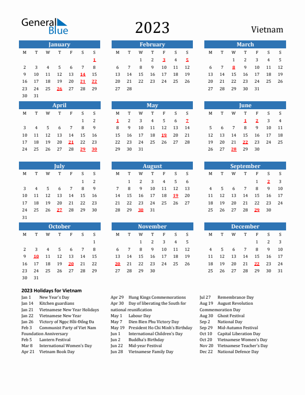 Vietnam 2023 Calendar with Holidays