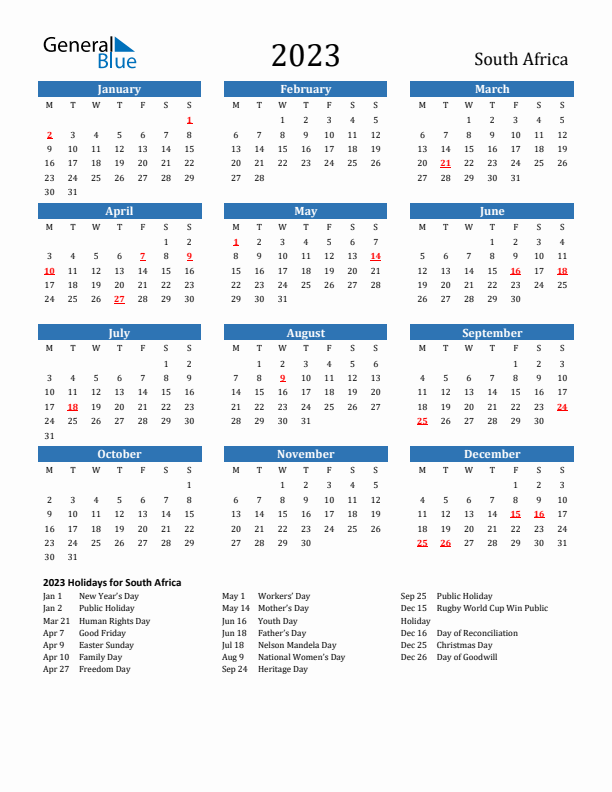 South Africa 2023 Calendar with Holidays