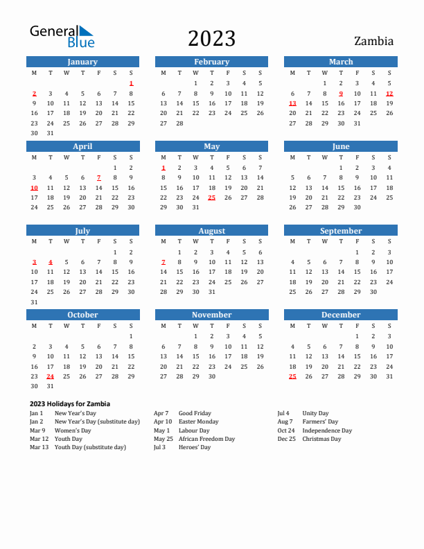 Zambia 2023 Calendar with Holidays