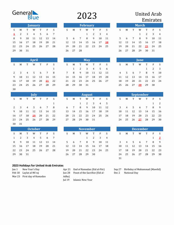 United Arab Emirates 2023 Calendar with Holidays