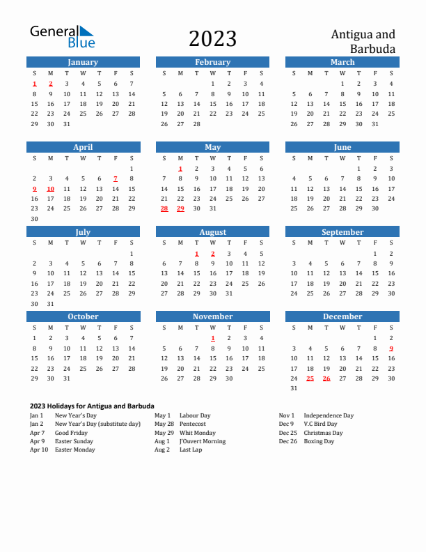 Antigua and Barbuda 2023 Calendar with Holidays