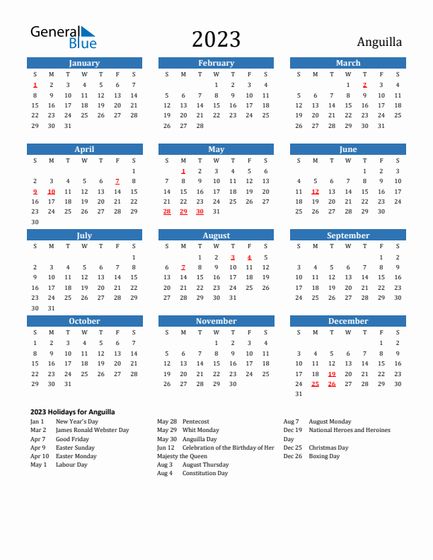 Anguilla 2023 Calendar with Holidays