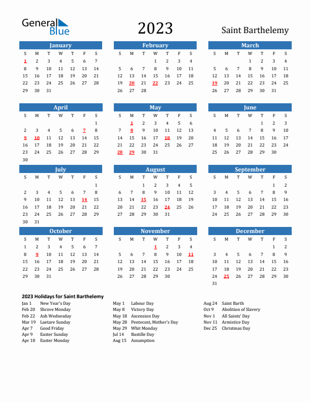 Saint Barthelemy 2023 Calendar with Holidays