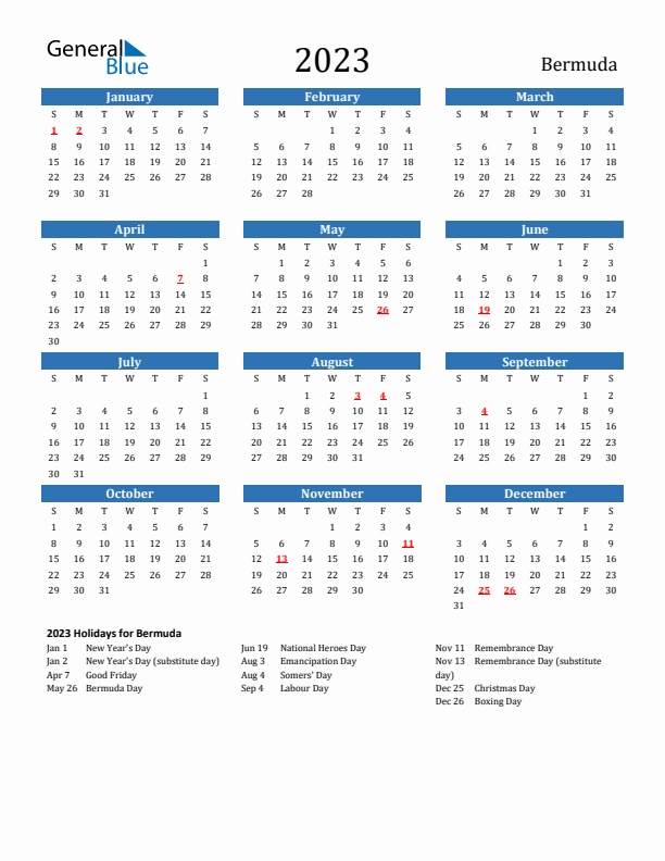 Bermuda 2023 Calendar with Holidays