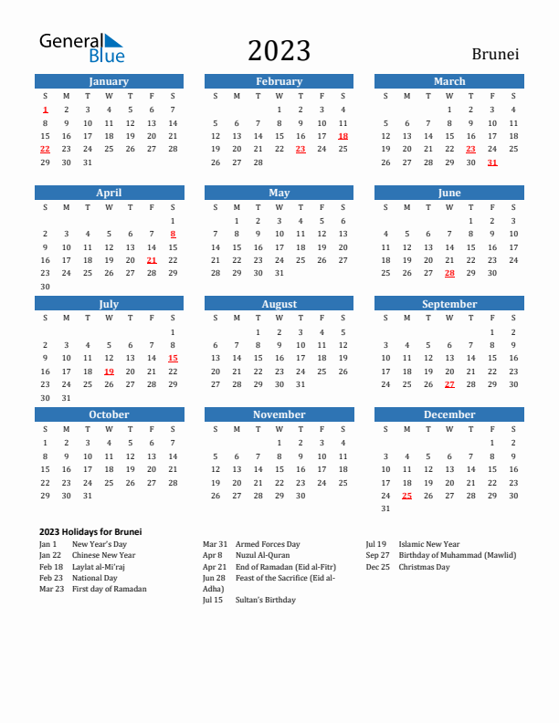 Brunei 2023 Calendar with Holidays