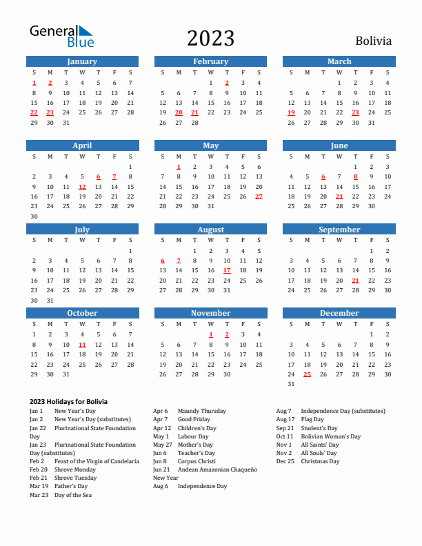 Bolivia 2023 Calendar with Holidays