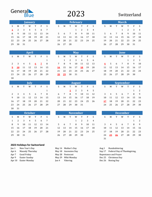 Switzerland 2023 Calendar with Holidays