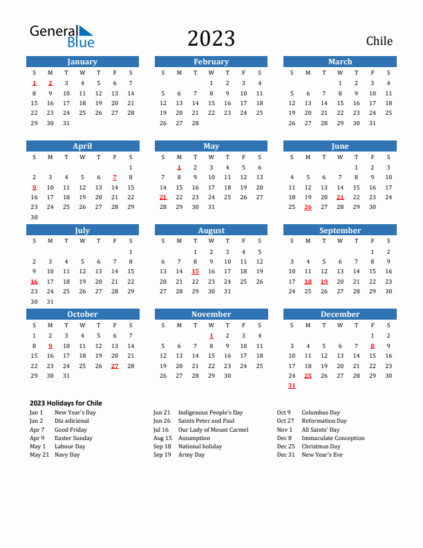 Chile 2023 Calendar with Holidays