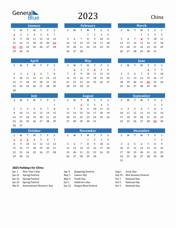 China 2023 Calendar with Holidays