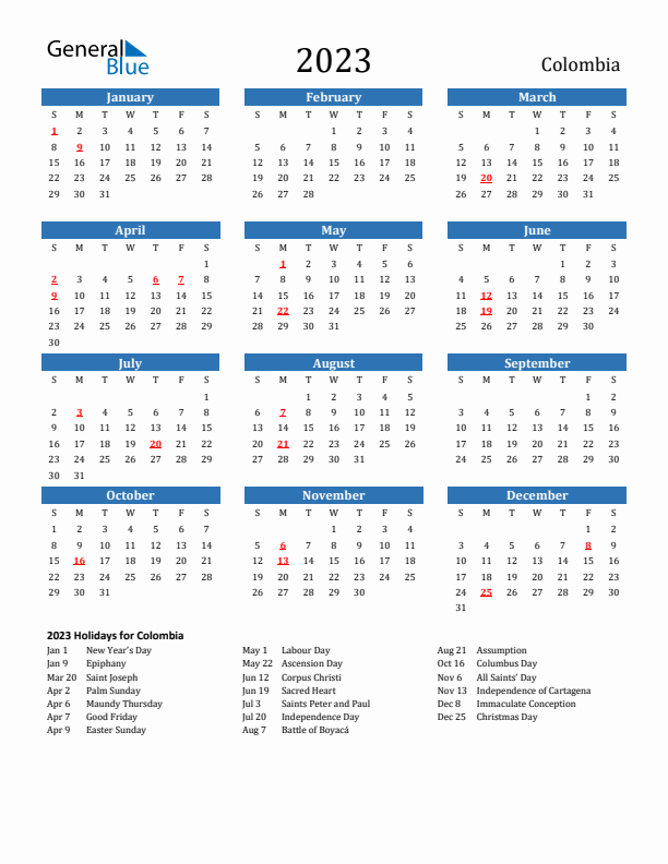 Colombia 2023 Calendar with Holidays