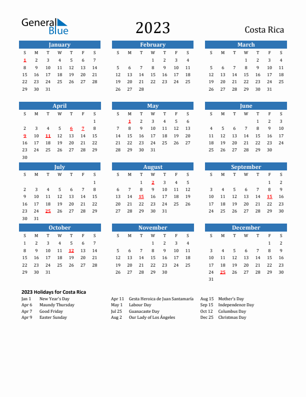 Costa Rica 2023 Calendar with Holidays