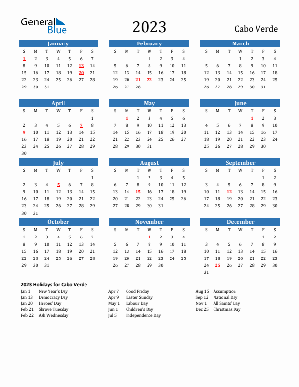 Cabo Verde 2023 Calendar with Holidays