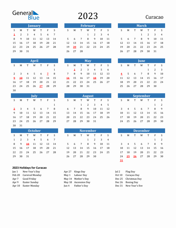 Curacao 2023 Calendar with Holidays