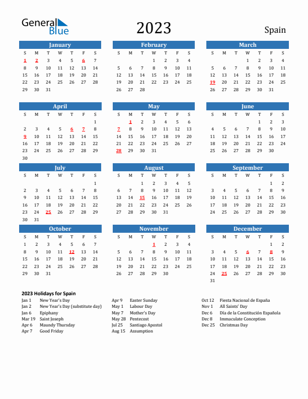 Spain 2023 Calendar with Holidays