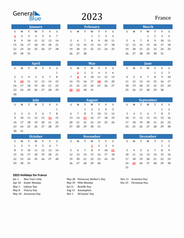 France 2023 Calendar with Holidays