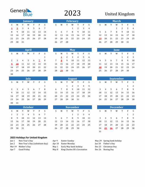 United Kingdom 2023 Calendar with Holidays