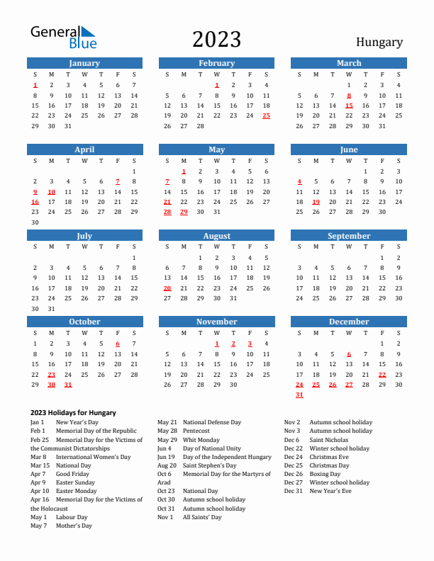 Hungary 2023 Calendar with Holidays