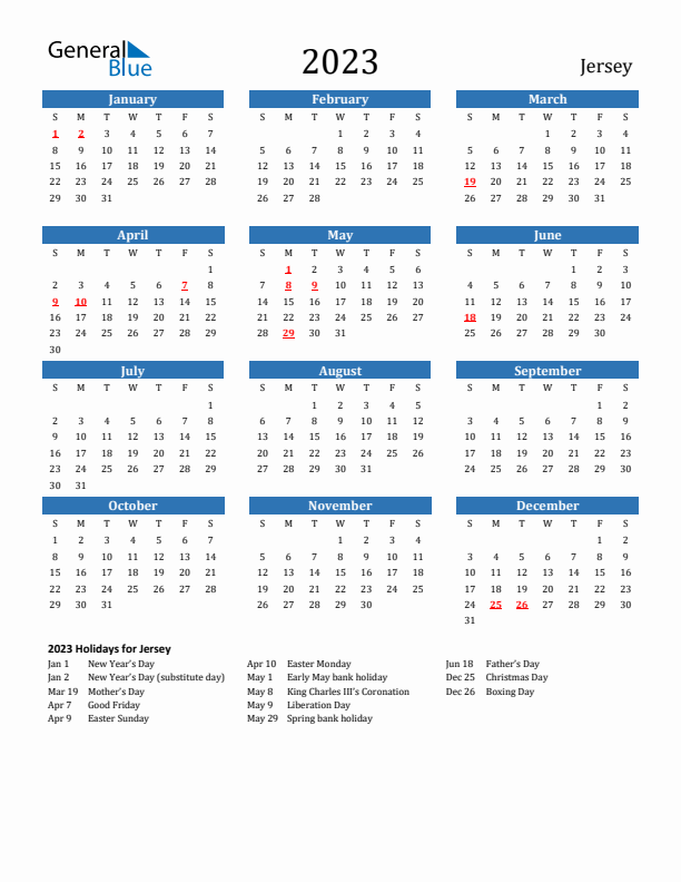 Jersey 2023 Calendar with Holidays