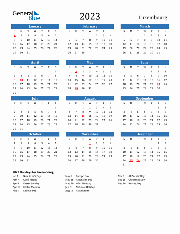 Luxembourg 2023 Calendar with Holidays