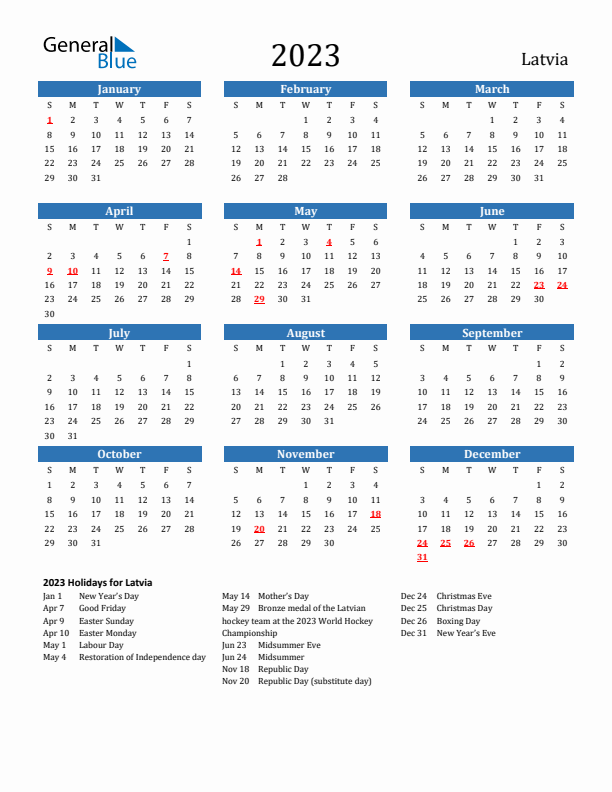 Latvia 2023 Calendar with Holidays