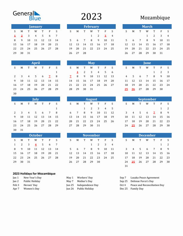 Mozambique 2023 Calendar with Holidays