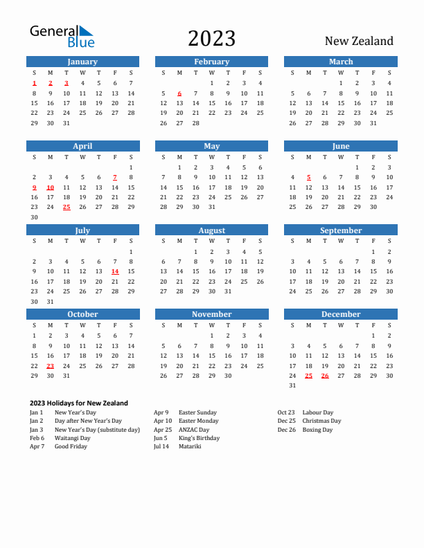 New Zealand 2023 Calendar with Holidays