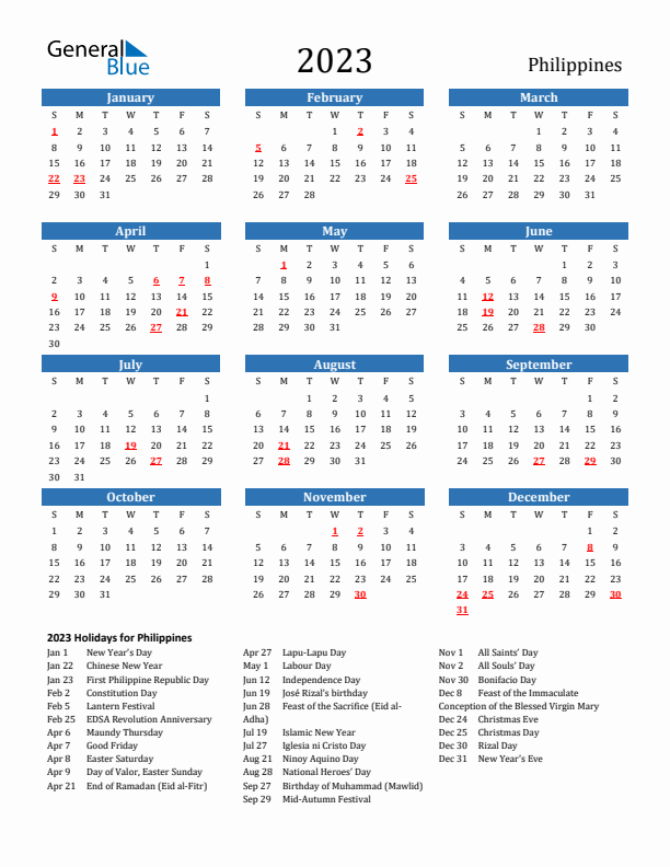 Philippines 2023 Calendar with Holidays