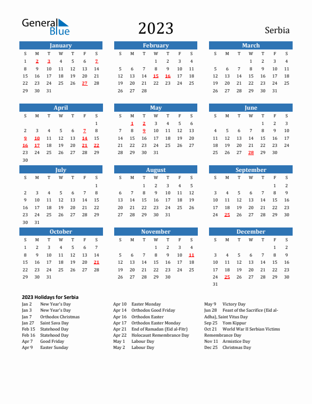 Serbia 2023 Calendar with Holidays