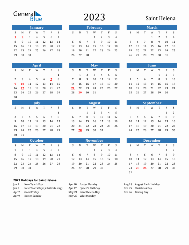 Saint Helena 2023 Calendar with Holidays