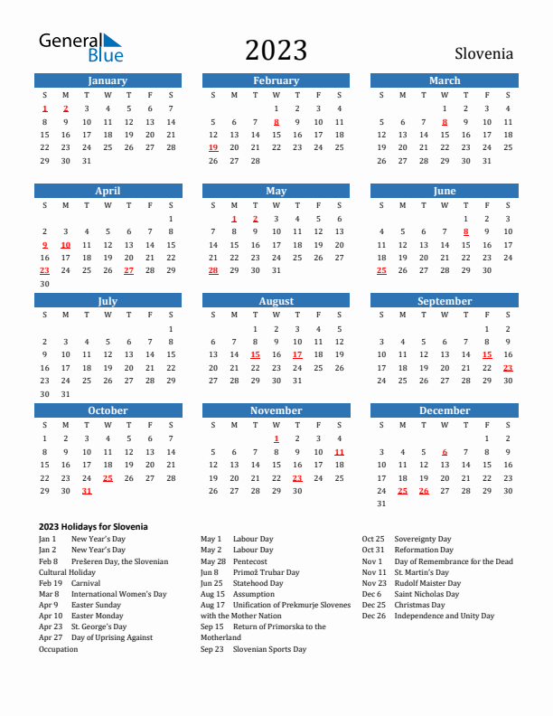 Slovenia 2023 Calendar with Holidays