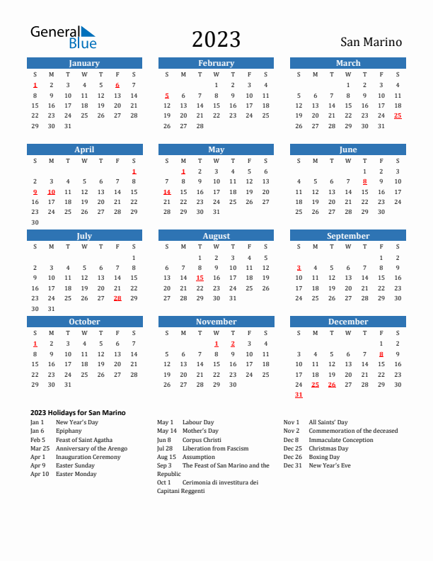 San Marino 2023 Calendar with Holidays