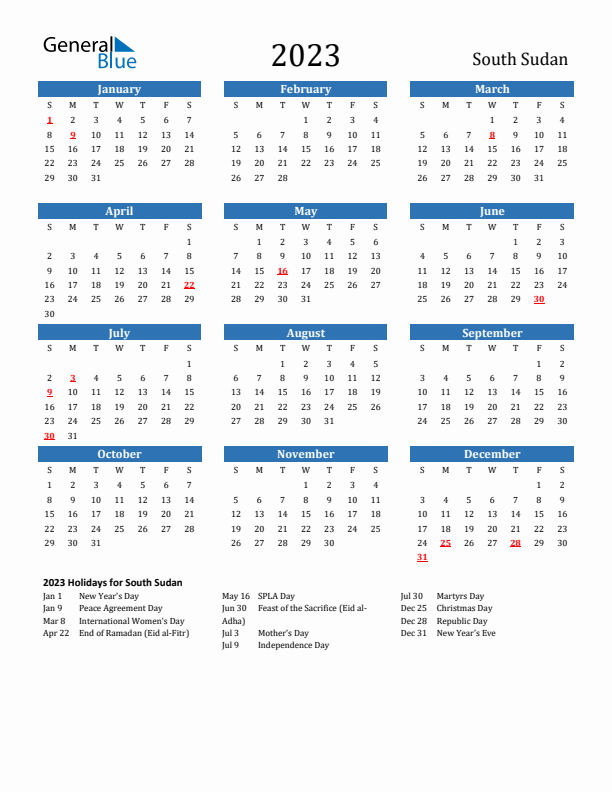 South Sudan 2023 Calendar with Holidays