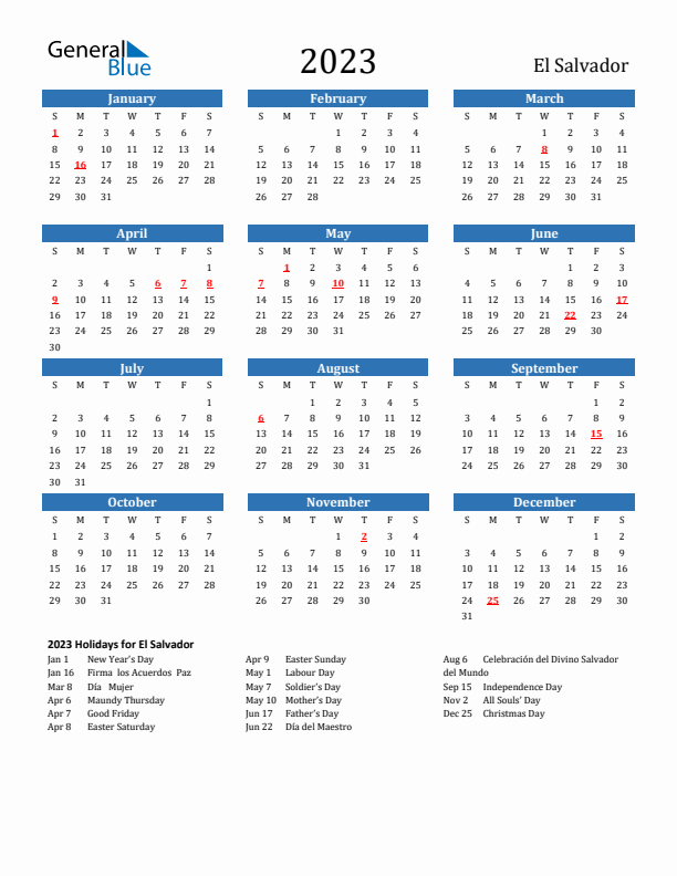 El Salvador 2023 Calendar with Holidays