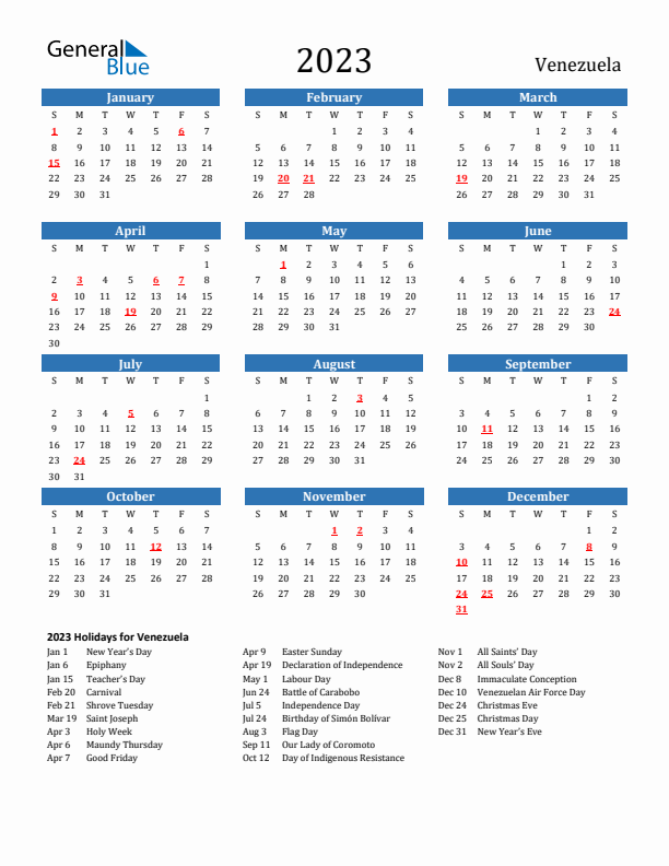 Venezuela 2023 Calendar with Holidays