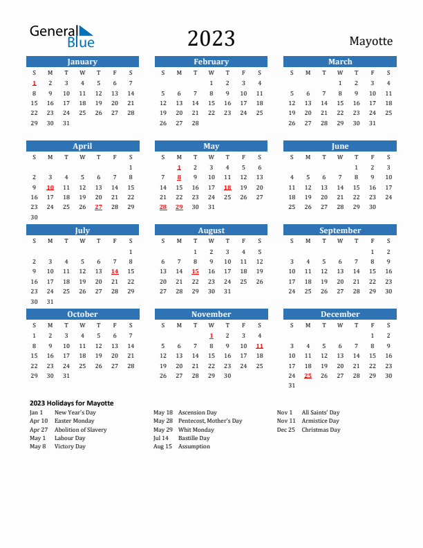 Mayotte 2023 Calendar with Holidays