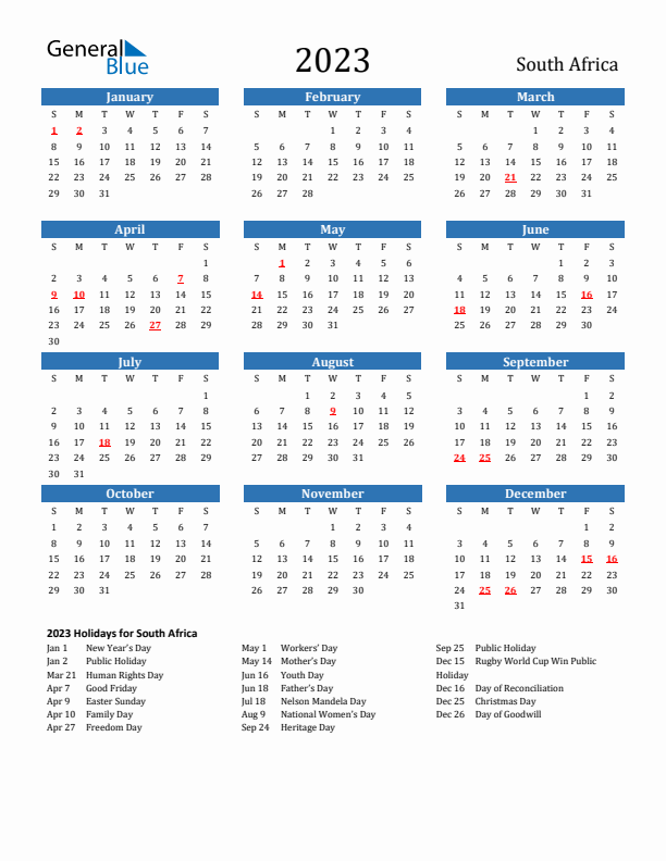 South Africa 2023 Calendar with Holidays