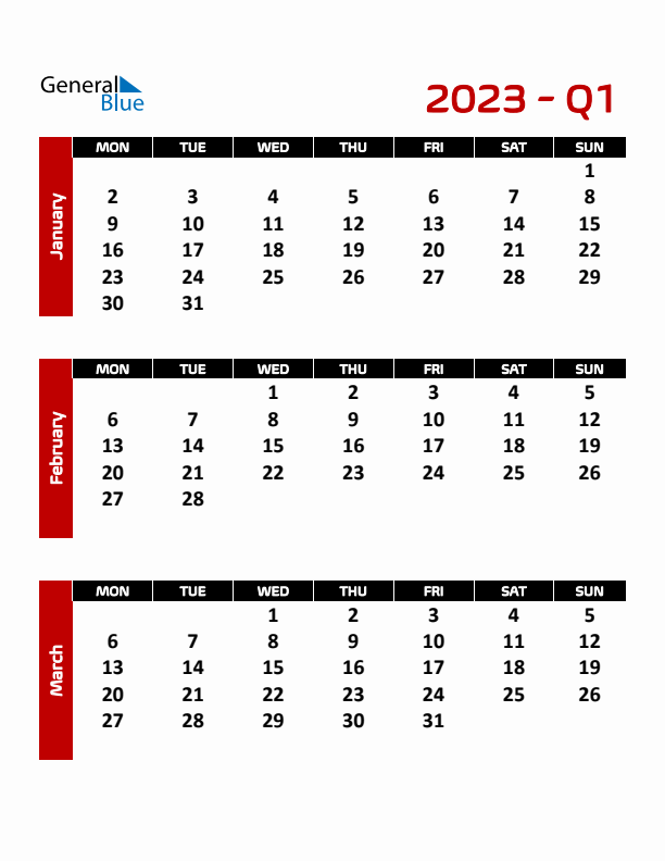 Editable Quarterly Calendar (Monday Start)