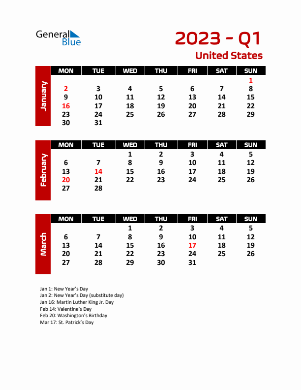 Q1 2023 Calendar with Holidays in United States