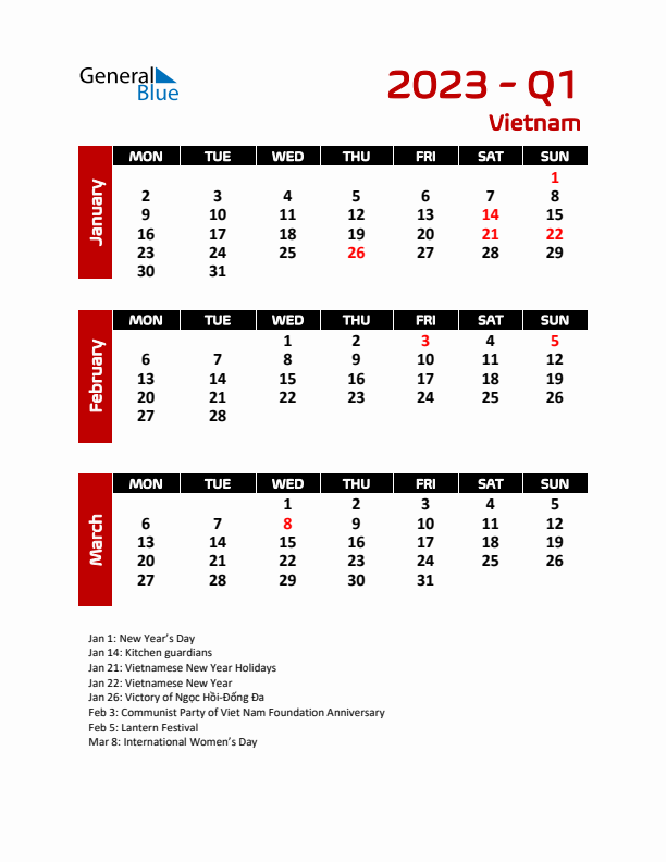 Q1 2023 Calendar with Holidays in Vietnam