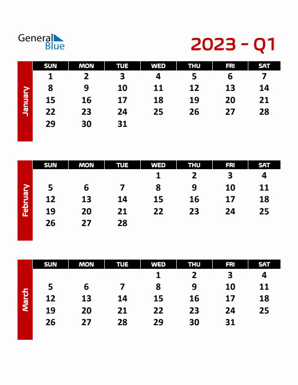 Editable Quarterly Calendar (Sunday Start)