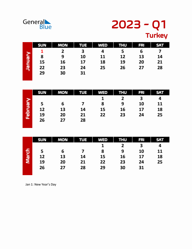 Q1 2023 Calendar with Holidays in Turkey