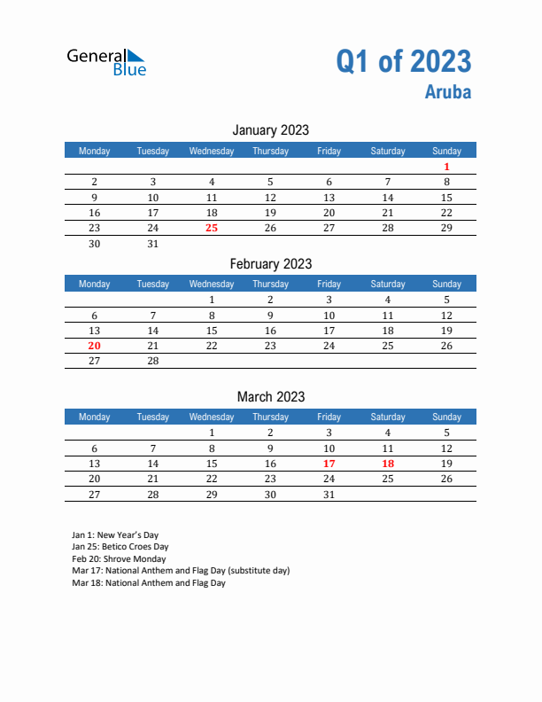 Aruba Q1 2023 Quarterly Calendar with Monday Start