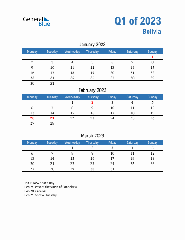 Bolivia Q1 2023 Quarterly Calendar with Monday Start